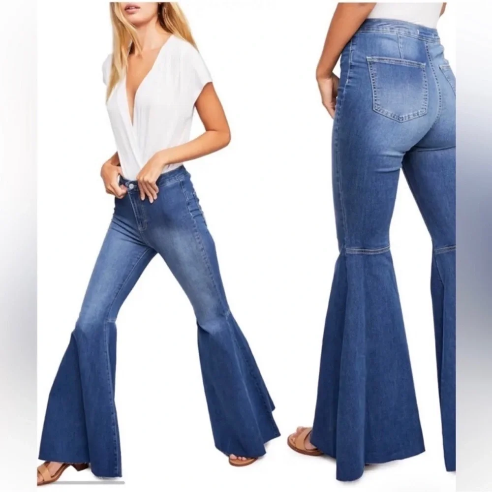 Free People Blue Flare Wide Leg Jeans Size 27 Short High Rise Denim